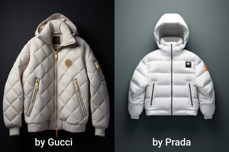 Same white puffer jacket prompt with Gucci vs Prada designer reference