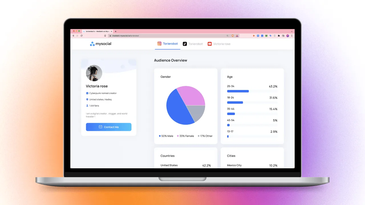MySocial media kit showing audience demographics, gender distribution, age breakdown, and location data