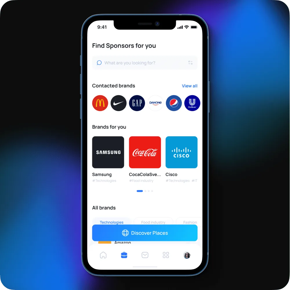 MySocial sponsor search tool showing brand database with category filters and contact information