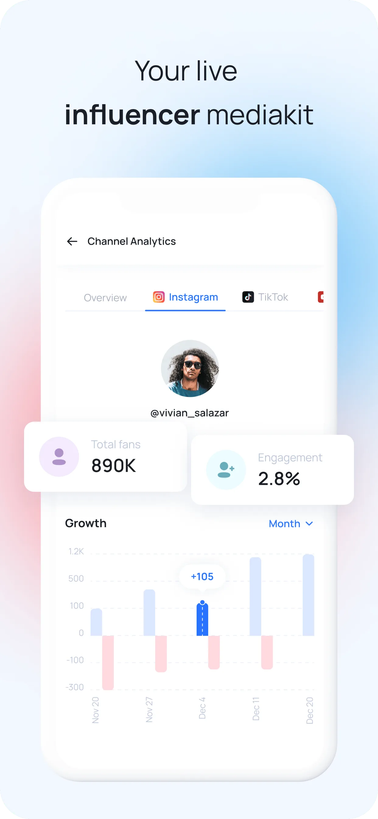 MySocial media kit showing channel analytics, audience demographics, and growth data