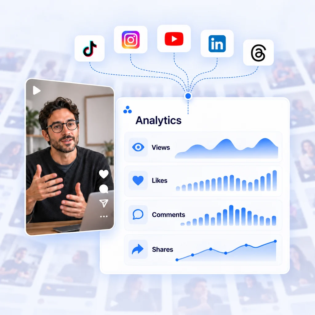An analytics card brings together views, likes, comments and shares from connected social channels.
