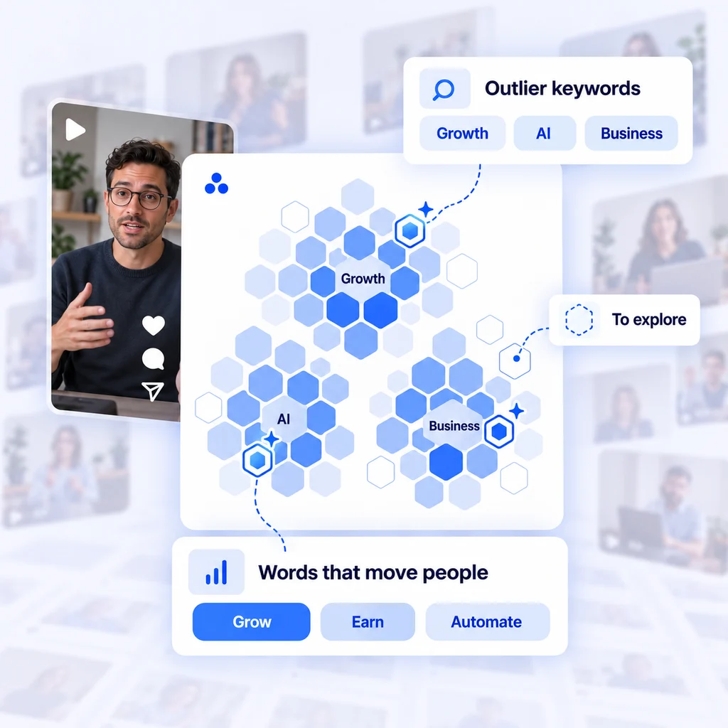 A topic map connects content coverage, outlier keywords and the words that move an audience.
